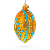 Blue Flowers on Gold Glass Egg Ornament 4 Inches