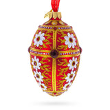 White Flowers on Red and Gold Glass Egg Ornament 4 Inches