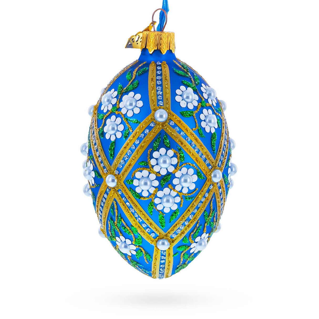 White Pearl Flowers on Blue Glass Egg Ornament 4 Inches