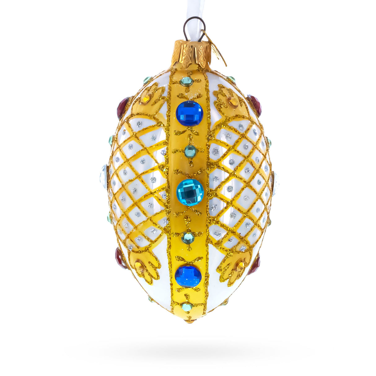 Multicolored Jewels on White Glass Egg Ornament 4 Inches