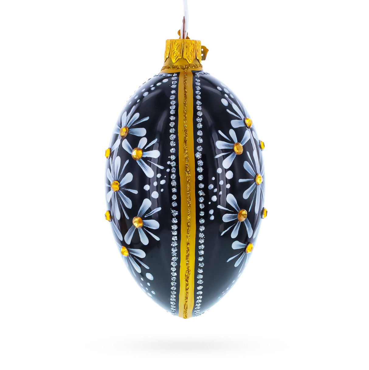 Daisy Motif with Golden Accents and Crystals Glass Egg Ornament 4 Inches