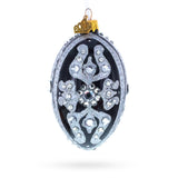 Silver and Crystal Floral Pattern on Black Glass Egg Ornament 4 Inches