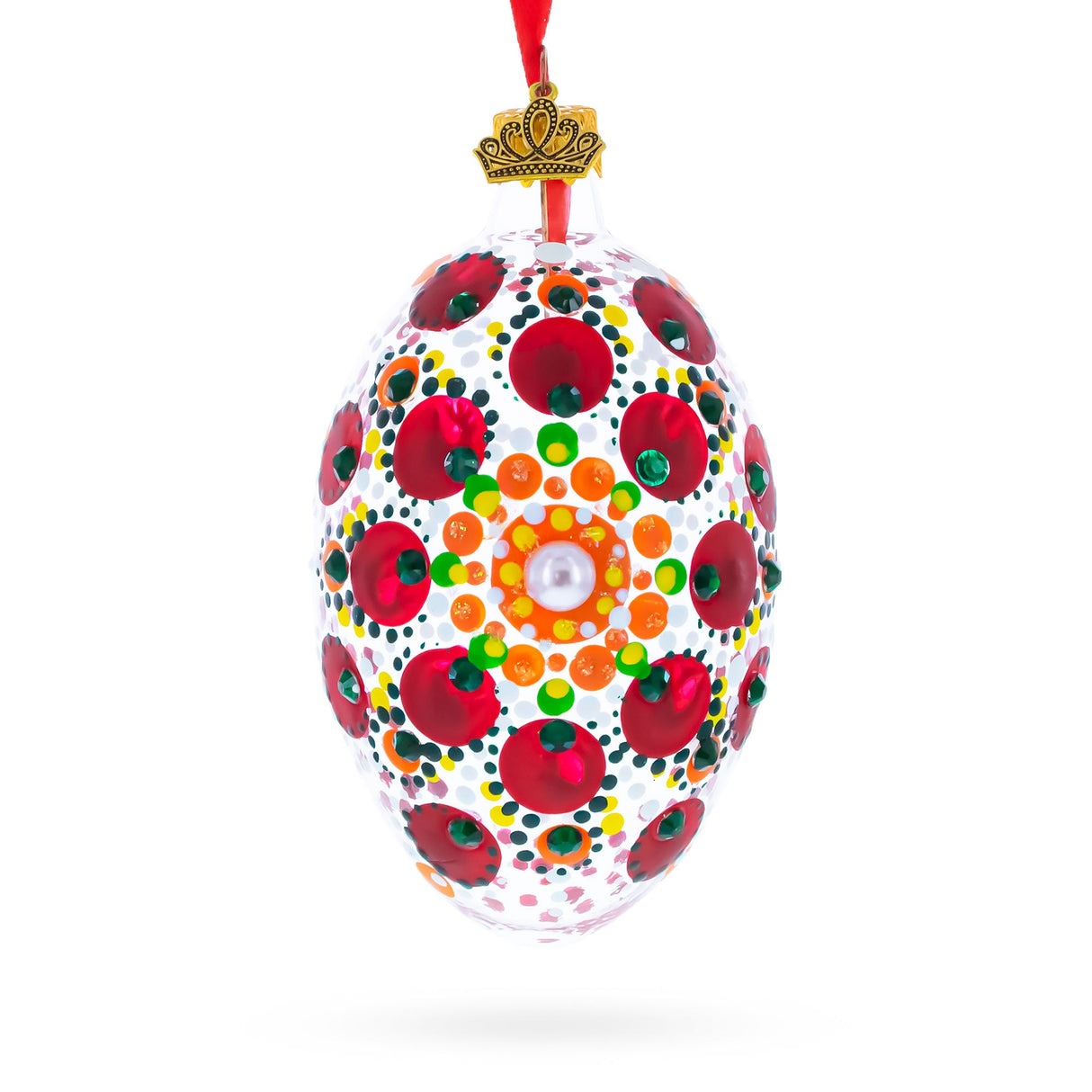 Red Poppy Floral Glass Egg Ornament 4 Inches