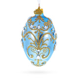 Elegant Blue and Gold Jeweled Glass Egg Ornament 4 Inches