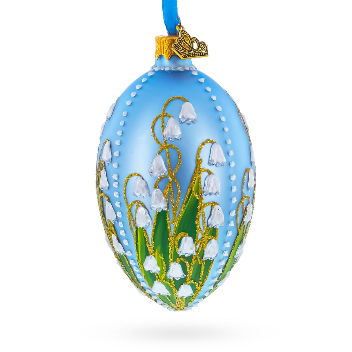 Lily of the Valley on Frosted Blue Egg Glass Ornament 4 Inches