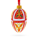 Red & Gold on White Floral Design Mini Glass Egg Ornament 2.9 Inches