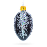 Black with Silver Glitter Swirls and Sequins Mini Glass Egg Ornament 2.9 Inches