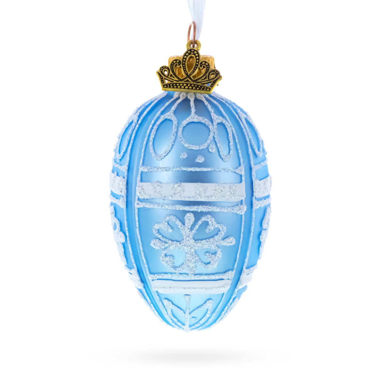 Frosted Blue with White Floral Pattern Mini Glass Egg Ornament 2.9 Inches