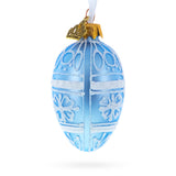 Frosted Blue with White Floral Pattern Mini Glass Egg Ornament 2.9 Inches