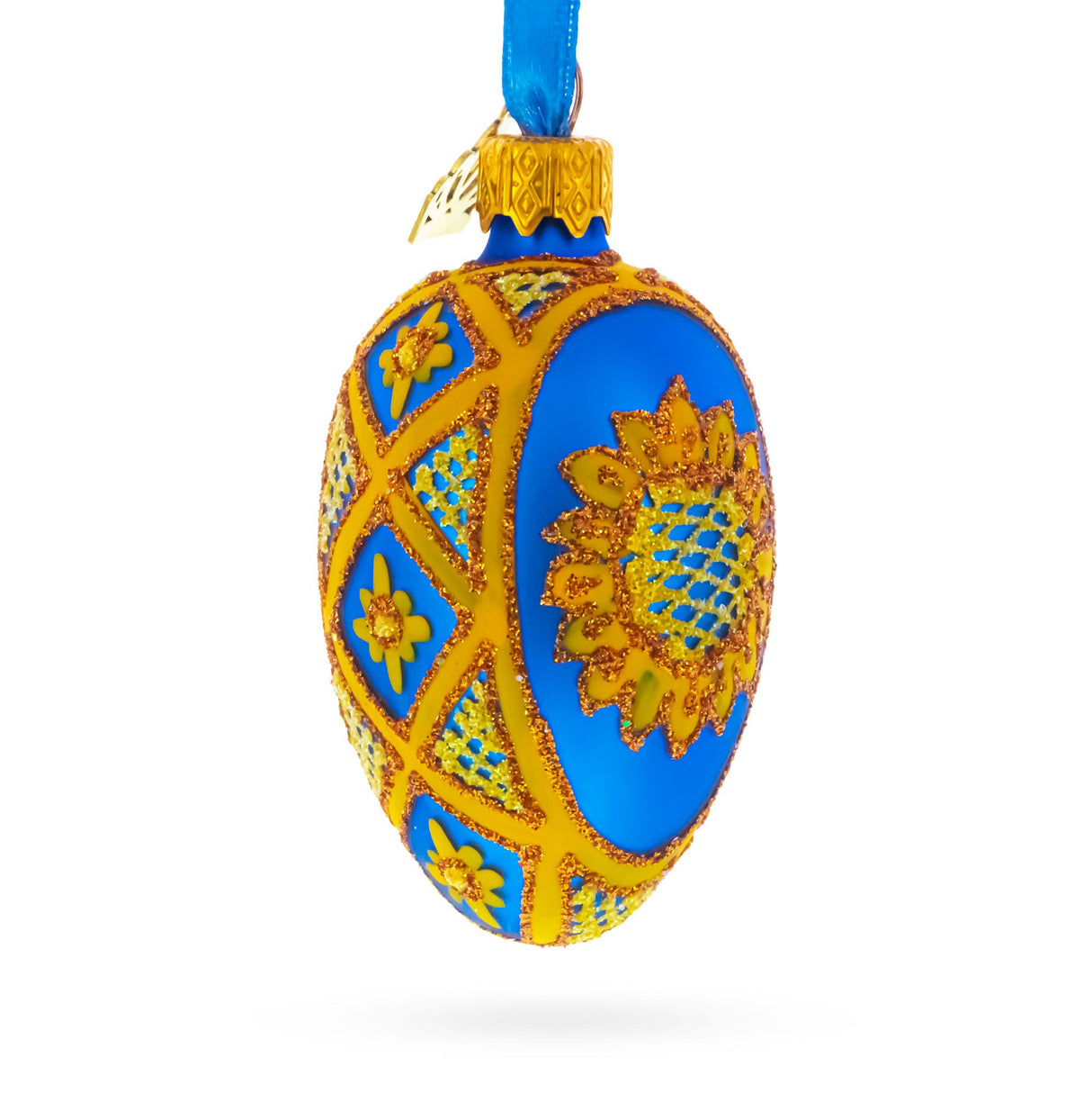 Cobalt Blue with Yellow Sunflower and Red Glitter Accents Mini Glass Egg Ornament 2.9 Inches