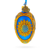 Cobalt Blue with Yellow Sunflower and Red Glitter Accents Mini Glass Egg Ornament 2.9 Inches