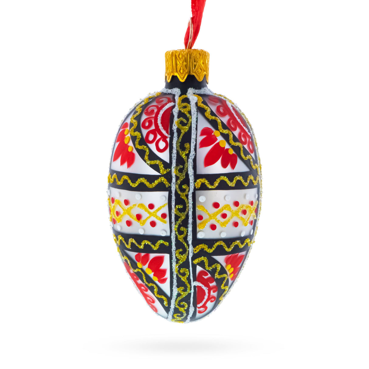 Ukrainian Geometric Red and Gold Mini Glass Egg Ornament 2.9 Inches