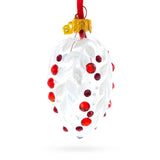 White with Red Gem Accents and Leaf Design Mini Glass Egg Ornament 2.9 Inches