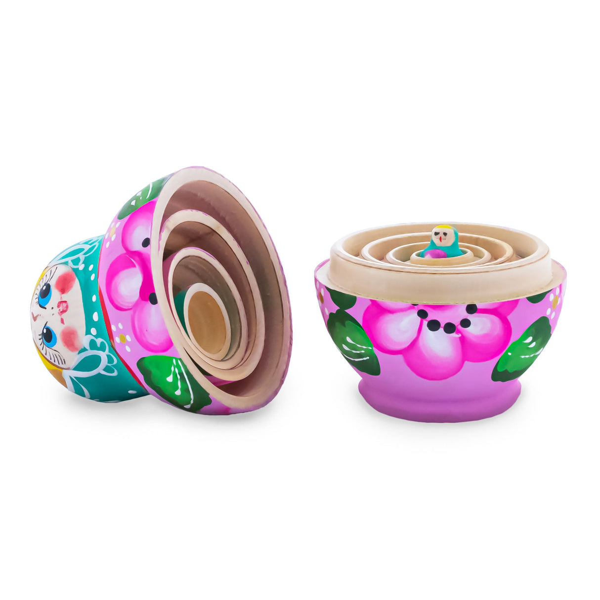 Green Hood with Pink Flower Pink Wooden  Nesting Dolls