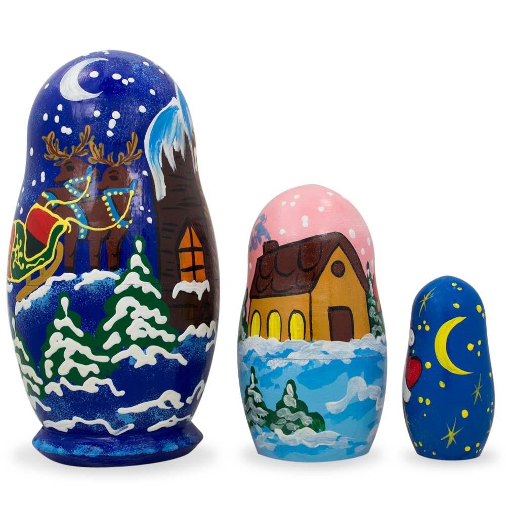 Set of 3 Santa's Delivering Gifts Wooden Nesting Dolls 4.25 Inches