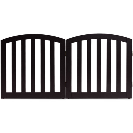 Barrera de seguridad de madera plegable y autónoma para mascotas, de 24 pulgadas y 2 paneles configurables con parte superior arqueada - Marrón