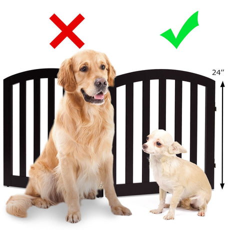 Barrera de seguridad de madera plegable y autónoma para mascotas, de 24 pulgadas y 2 paneles configurables con parte superior arqueada - Marrón