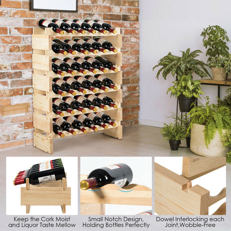 Botellero modular apilable de madera con capacidad para 36 botellas, sin bamboleo