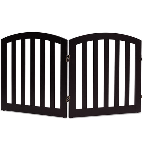 Barrera de seguridad de madera plegable y autónoma para mascotas, de 24 pulgadas y 2 paneles configurables con parte superior arqueada - Marrón