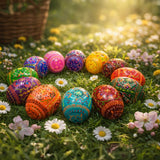 Set of 12 Geometrical Wooden Ukrainian Easter Eggs Pysanky 2.5 Inches