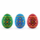 Set of 3 Vibrant Geometric Ukrainian Pysanky Wooden Easter Eggs 2.5 Inches