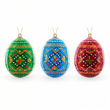Set of 3 Vibrant Geometric Ukrainian Pysanky Wooden Easter Egg Ornaments 2.5 Inches