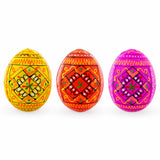 Set of 3 Yellow, Pink, Orange Geometric Ukrainian Pysanky Wooden Easter Eggs 2.5 Inches