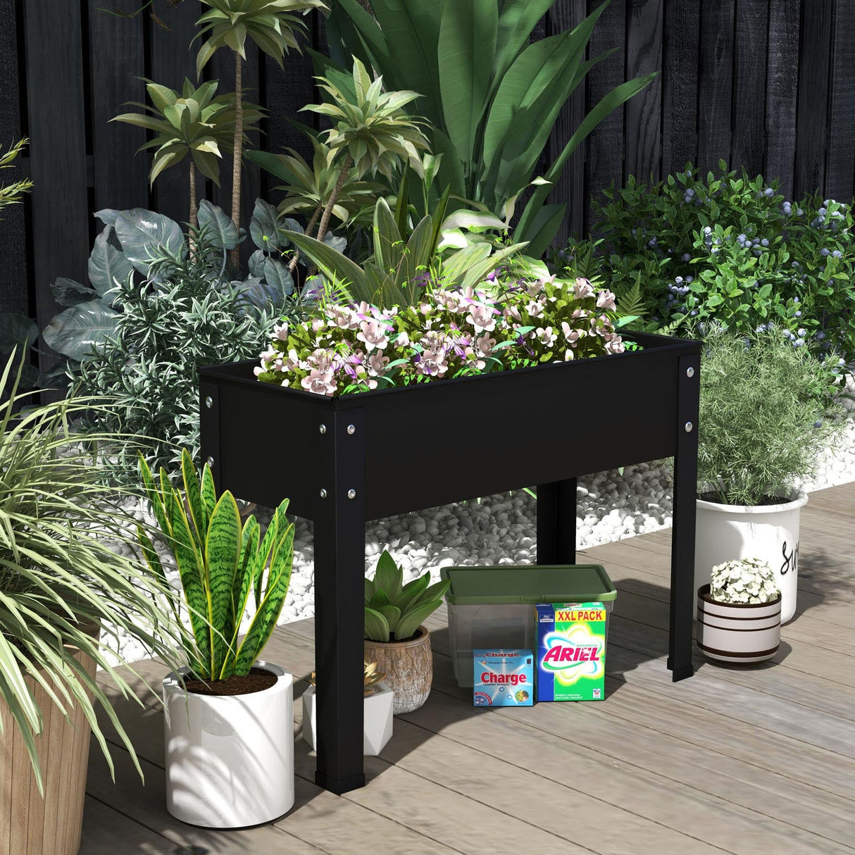 Cama de jardín elevada de metal con patas y orificio de drenaje para flores y vegetales - 24 x 11 x 18 pulgadas