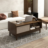 Mesa de centro Mid-Century con almacenamiento, puerta corredera tejida y estante ajustable-Nogal