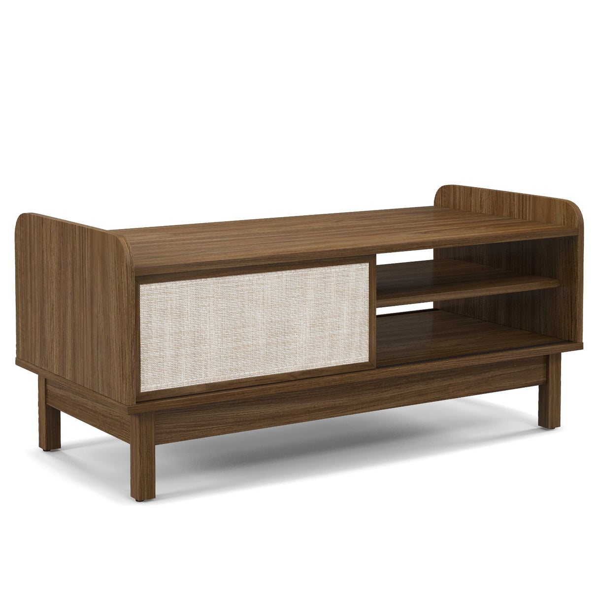 Mesa de centro Mid-Century con almacenamiento, puerta corredera tejida y estante ajustable-Nogal