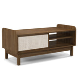 Mesa de centro Mid-Century con almacenamiento, puerta corredera tejida y estante ajustable-Nogal