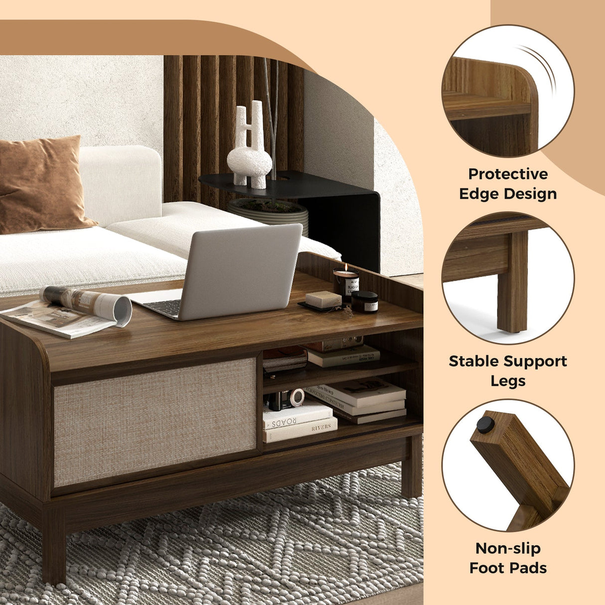 Mesa de centro Mid-Century con almacenamiento, puerta corredera tejida y estante ajustable-Nogal