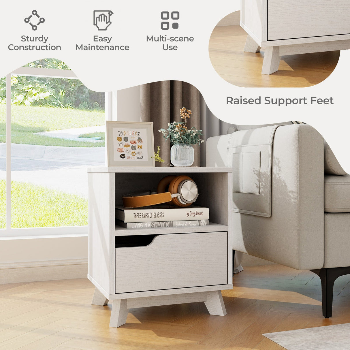 Mid Century Modern Bedside Table with Storage Drawer and Open Shelf-White