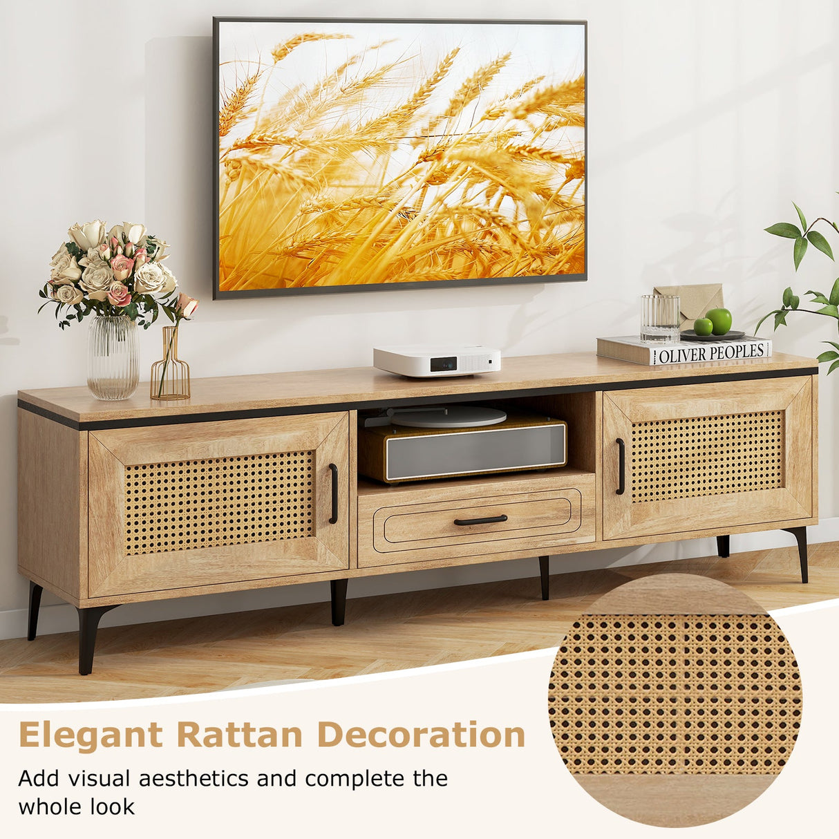 Mid Century Modern Entertainment Center with 2 Cabinets and Storage Drawer-Oak