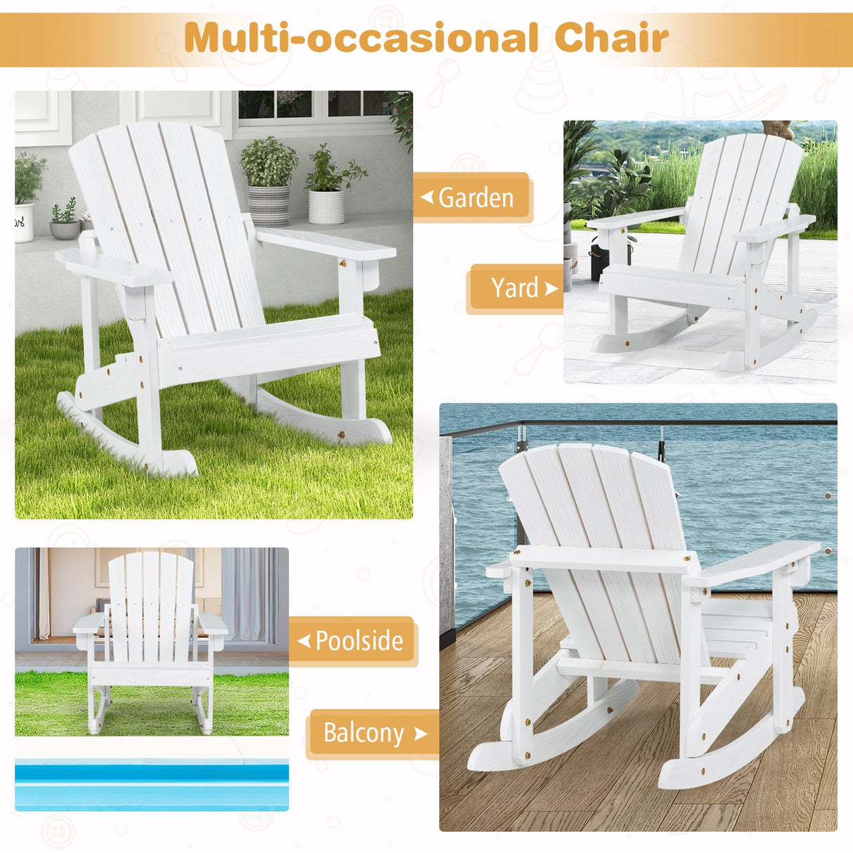 Sillón mecedora Adirondack de madera para niños con asiento de listones