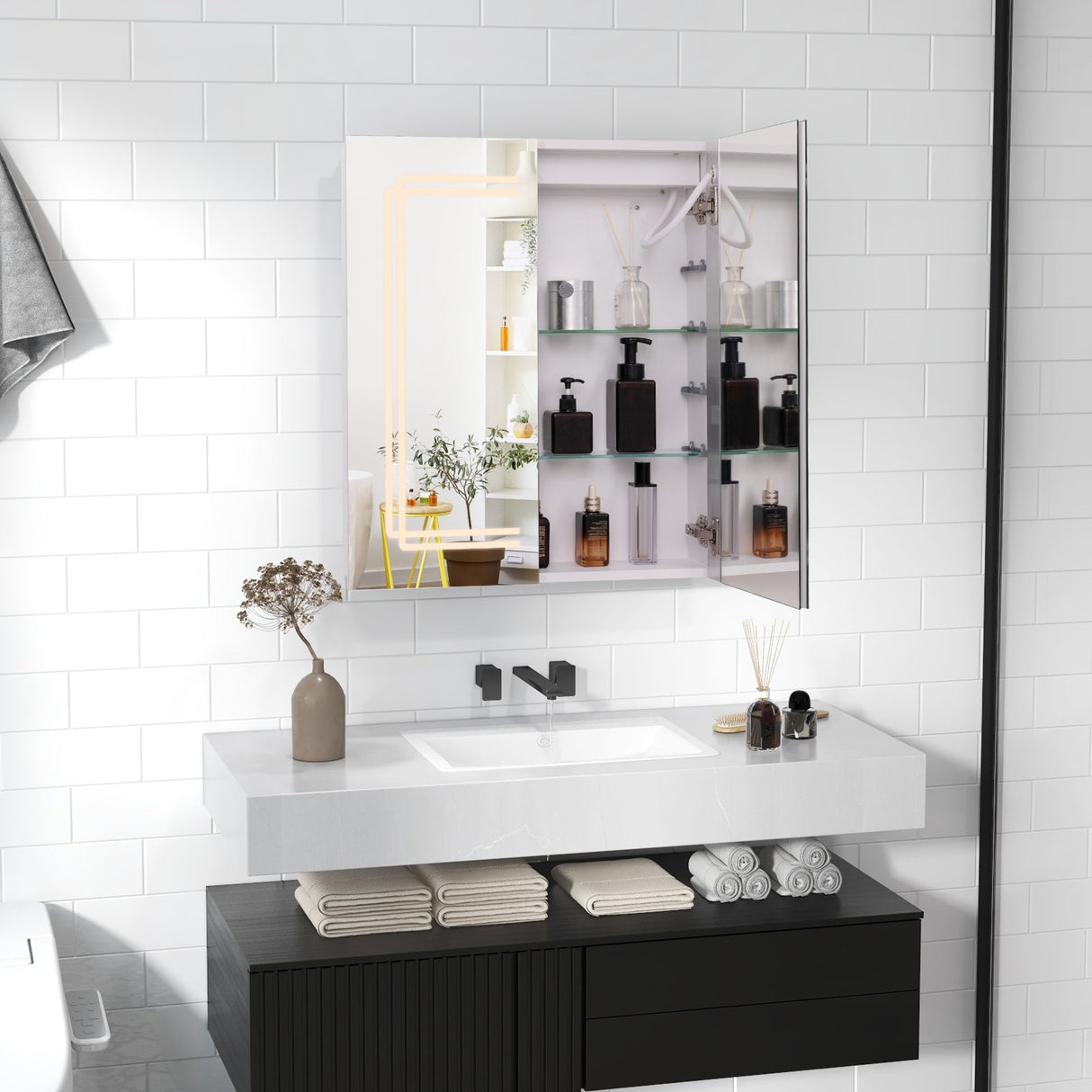 Botiquín con espejo de baño de 2 puertas con luces