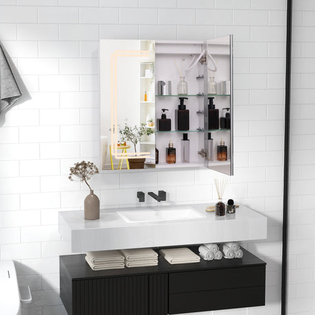 Botiquín con espejo de baño de 2 puertas con luces