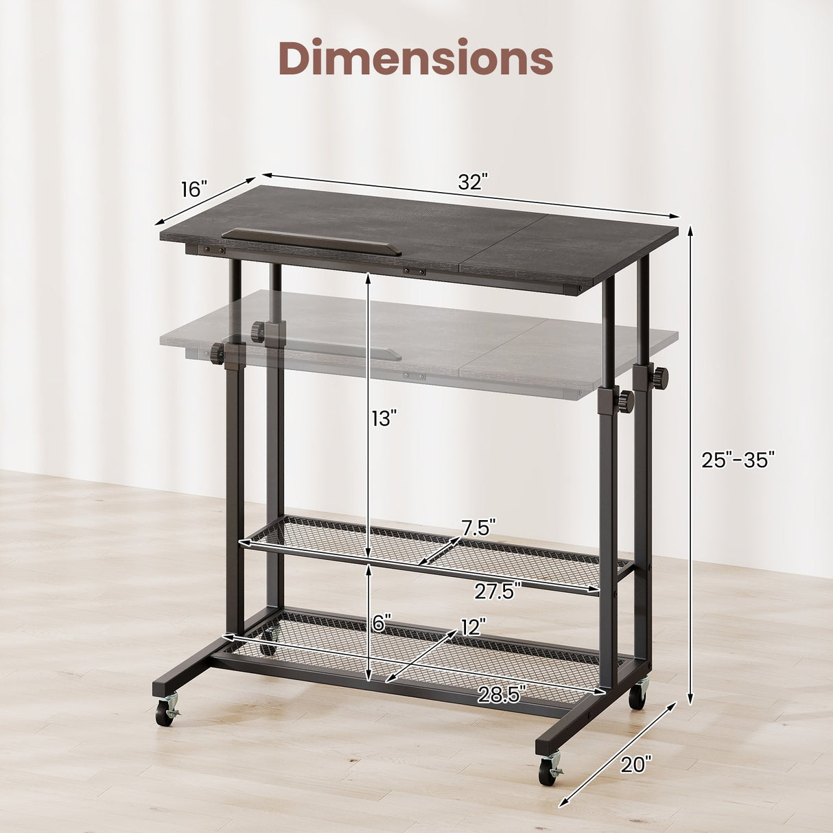 Mesa de pie móvil de altura ajustable con tablero inclinable