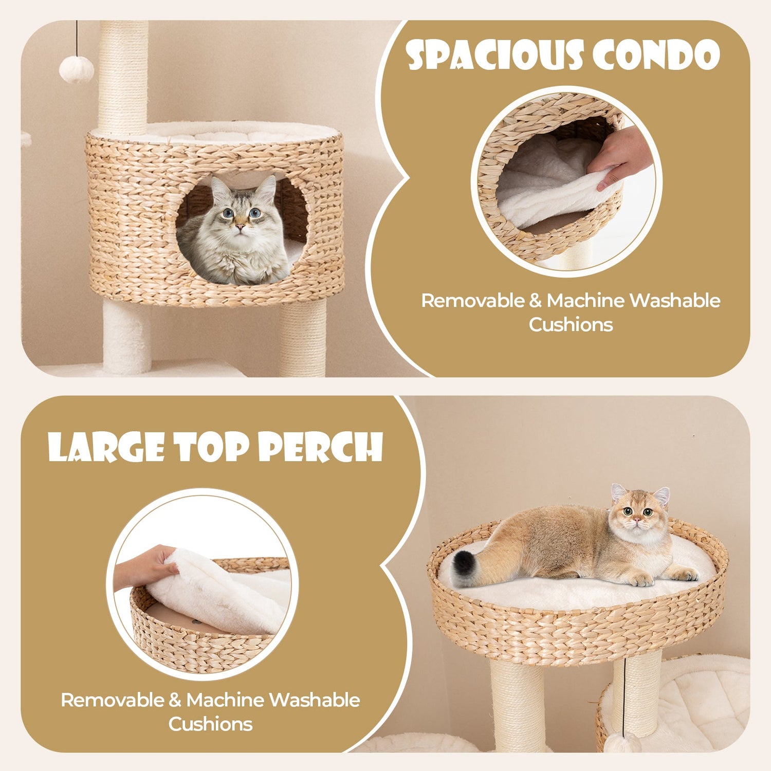 Árbol rascador moderno para gatos de interior con condominio de espadaña y percha superior - Natural