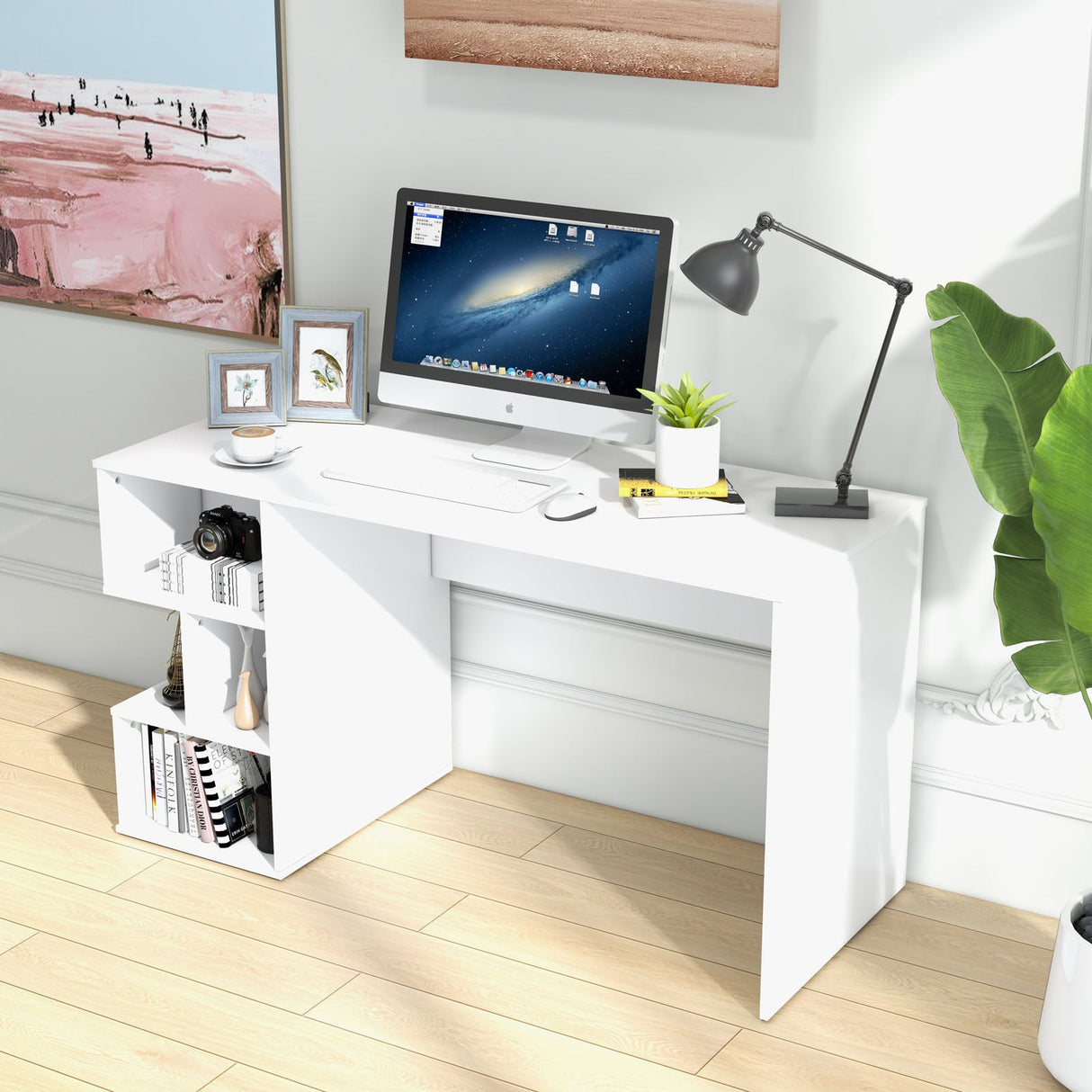 Escritorio de computadora moderno con estantes de almacenamiento de 3 niveles para oficina en casa - Blanco