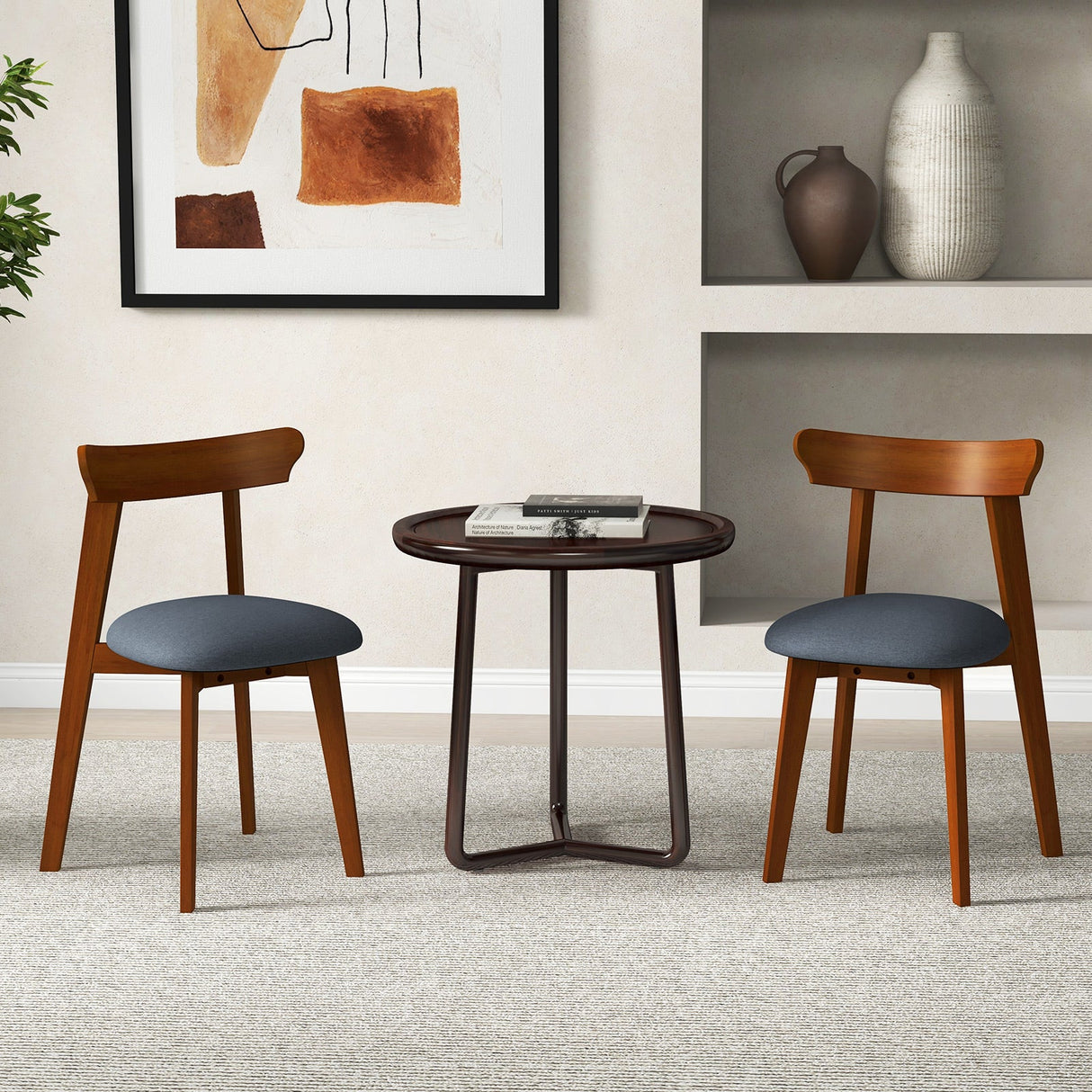 Sillas de cocina modernas de mediados de siglo con estructura de madera de caucho y asiento acolchado - Nogal