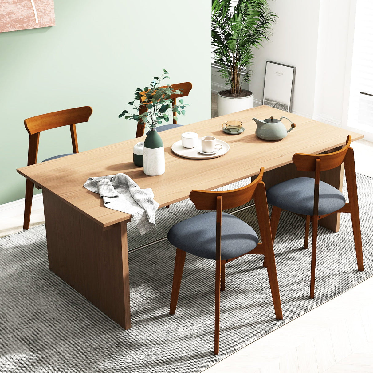 Sillas de cocina modernas de mediados de siglo con estructura de madera de caucho y asiento acolchado - Nogal