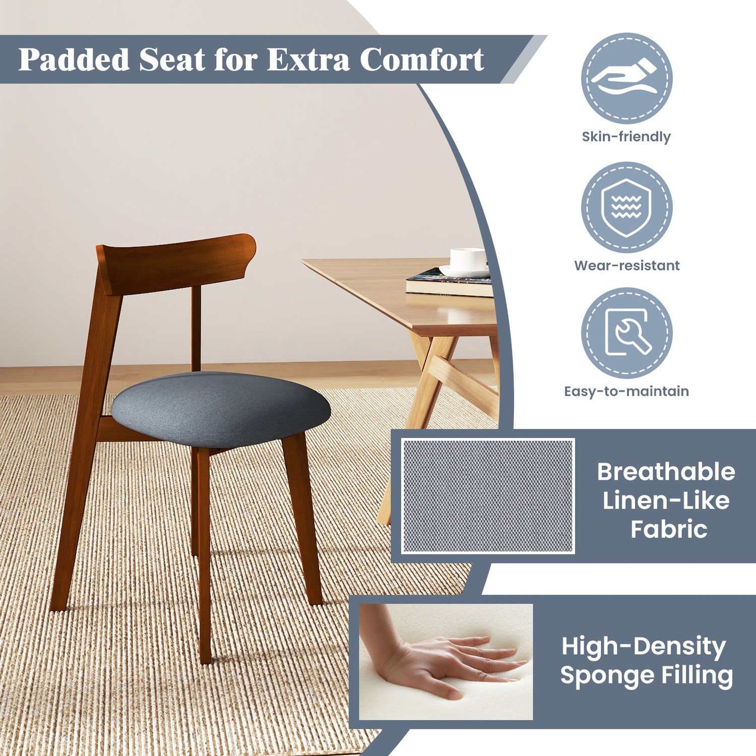 Sillas de cocina modernas de mediados de siglo con estructura de madera de caucho y asiento acolchado - Nogal