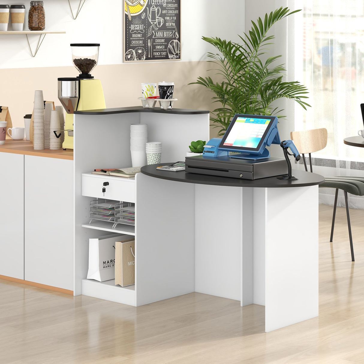 Mostrador de recepción moderno con tablero ovalado