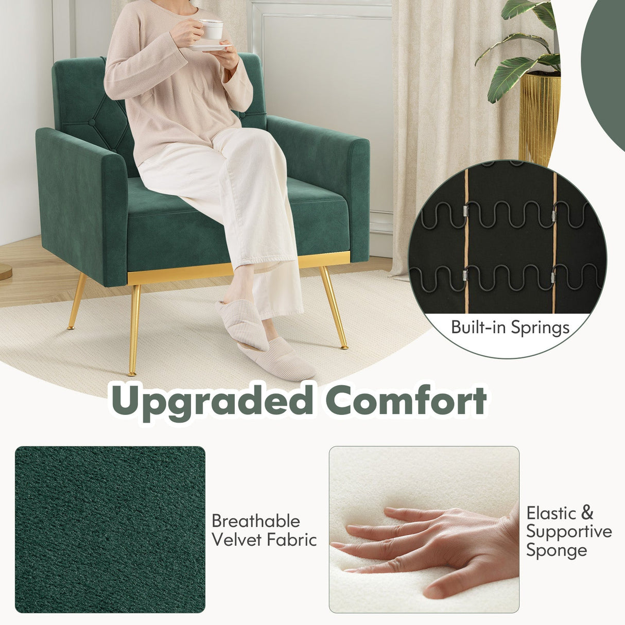 Sillón Moderno de Terciopelo con Respaldo Acolchado Botoné, Patas de Metal Doradas y Almohadillas Ajustables para los Pies