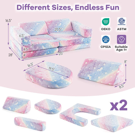 Sofá seccional modular de 10 piezas para niños que brilla en la oscuridad - multicolor