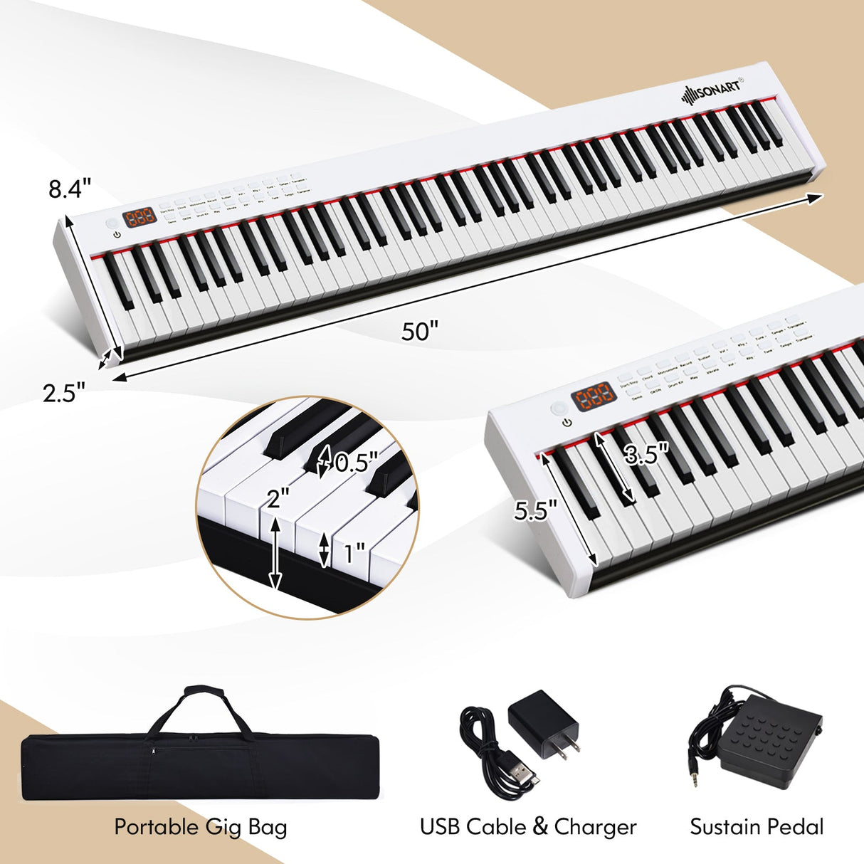 Teclado de piano digital de 88 teclas, portátil, tamaño completo, semipesado