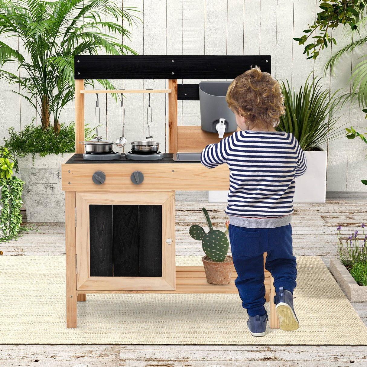 Juego de cocina de barro para niños con 2 fregaderos extraíbles - Natural