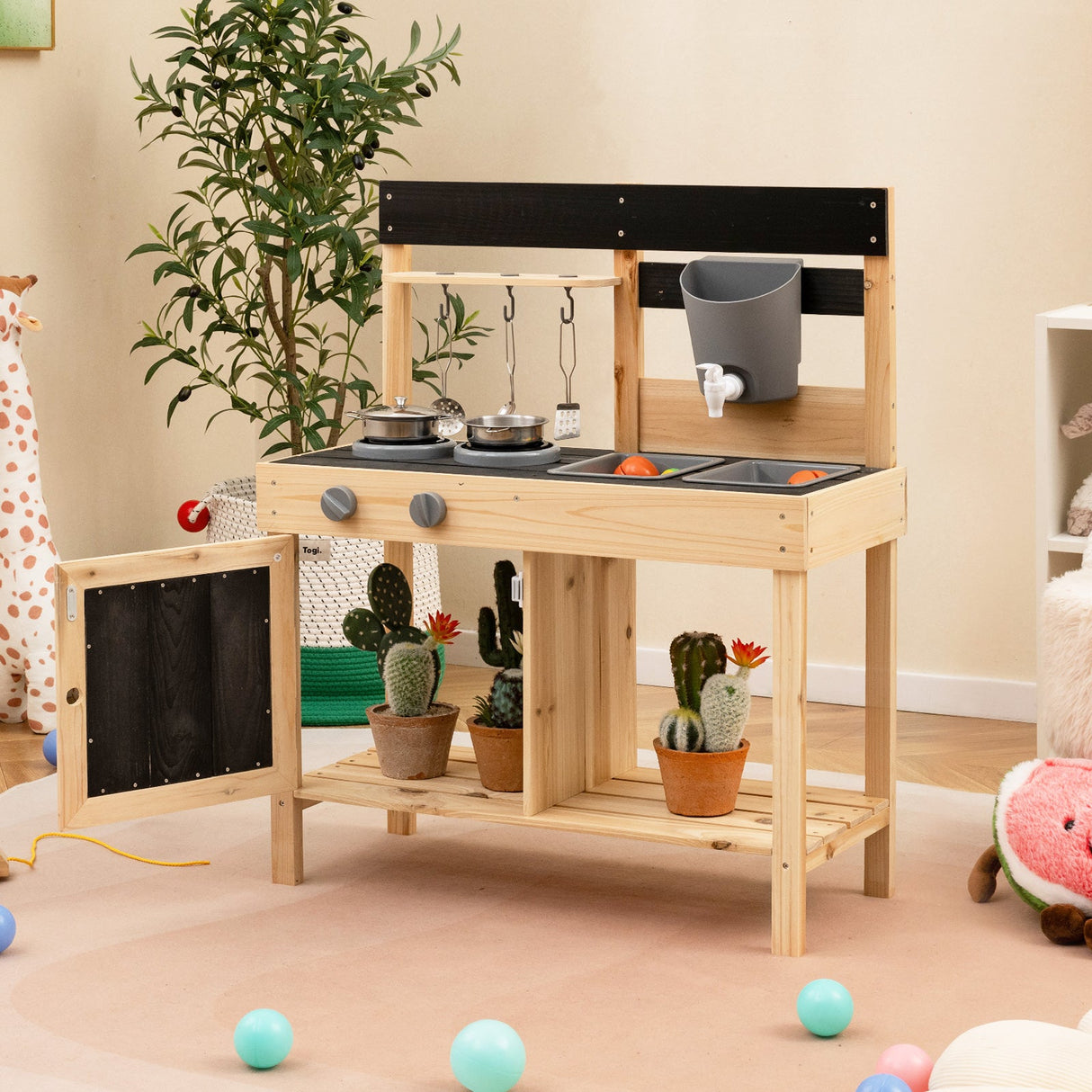 Juego de cocina de barro para niños con 2 fregaderos extraíbles - Natural