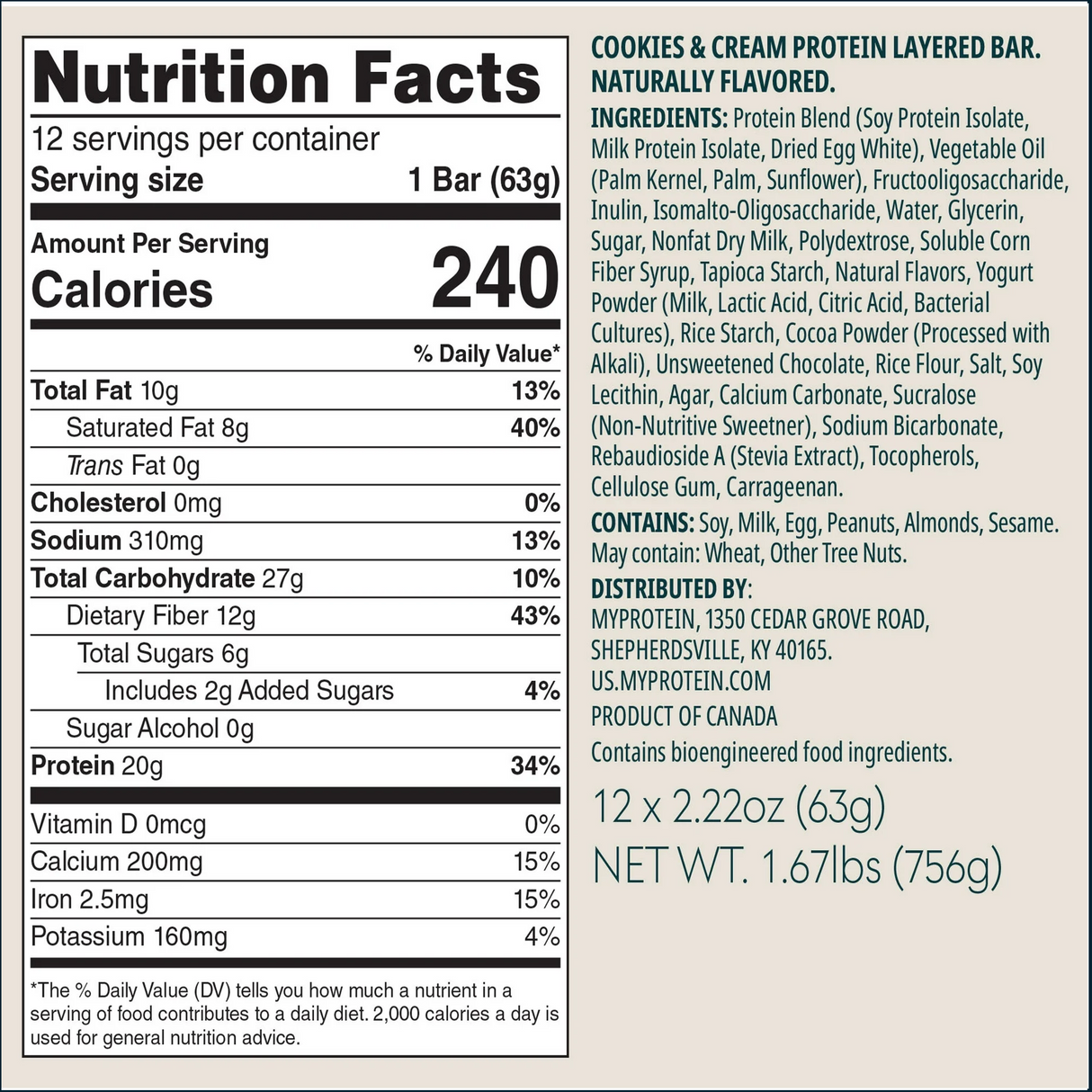 Barrita de proteína Myprotein Layered, caja de 12 unidades